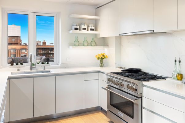 Interior, Kitchen, Marble Walls, Recessed Lighting, Stainless Steel Appliances, Wood Texture Flooring