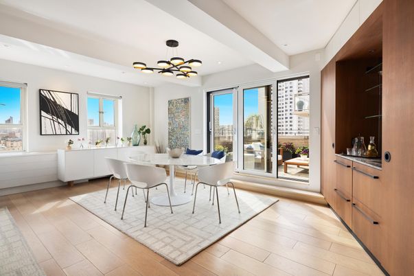 Dining room, Interior, Pendant Lights, Recessed Lighting, Wood Texture Flooring