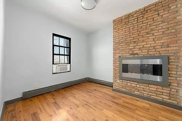 Empty room, Fireplace, Interior, Stone Walls, Wood Texture Flooring