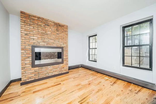 Empty room, Fireplace, Interior, Stone Walls, Wood Texture Flooring