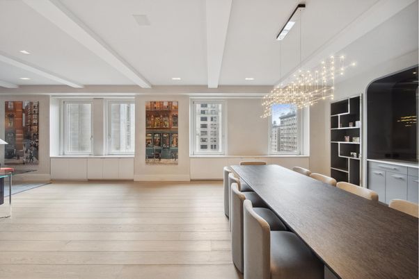Dining room, Interior, Pendant Lights, Recessed Lighting, Wood Texture Flooring