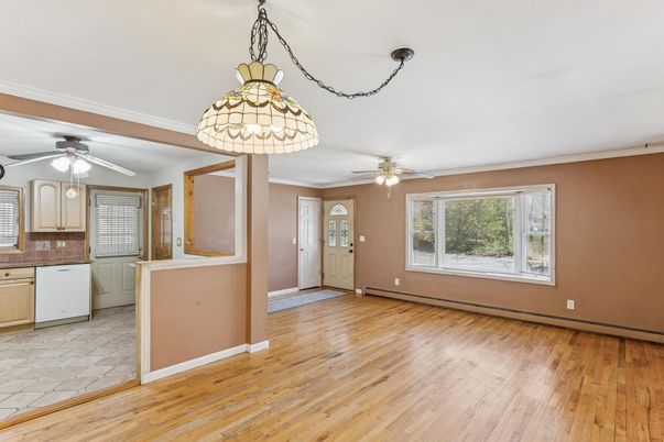 Empty room, Interior, Kitchen, Pendant Lights, Wood Texture Flooring