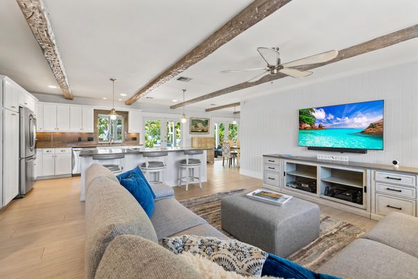 Fireplace, Interior, Kitchen, Living room, Pendant Lights, Recessed Lighting, Stainless Steel Appliances, Wooden Beams, Wood Texture Flooring