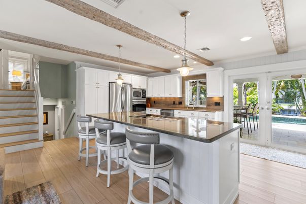 Interior, Kitchen, Pendant Lights, Recessed Lighting, Stainless Steel Appliances, Wooden Beams, Wood Texture Flooring
