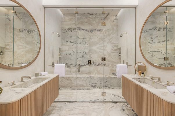 Bathroom, Glass Shower, Interior, Marble, Marble Walls