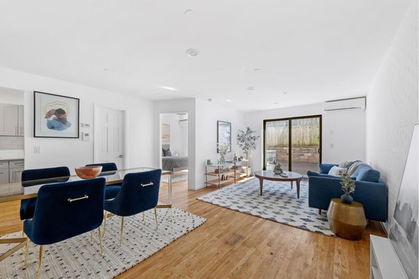 Dining room, Interior, Living room, Recessed Lighting, Wood Texture Flooring