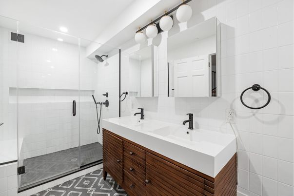 Bathroom, Dual Sink Vanities, Glass Shower, Interior, Recessed Lighting