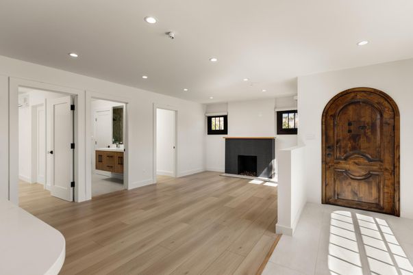 Bathroom, Fireplace, Interior, Recessed Lighting, Wood Texture Flooring