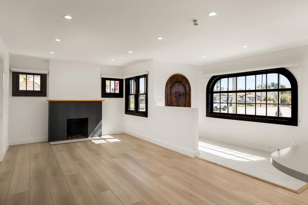 Empty room, Fireplace, Interior, Recessed Lighting, Wood Texture Flooring