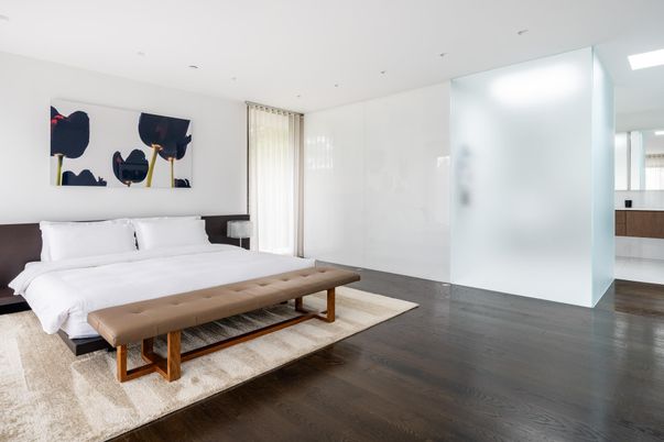 Bedroom, Interior, Recessed Lighting, Wood Texture Flooring