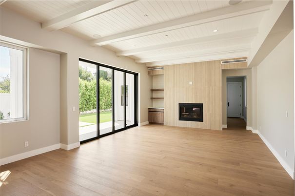 Empty room, Fireplace, Interior, Recessed Lighting, Wood Texture Flooring