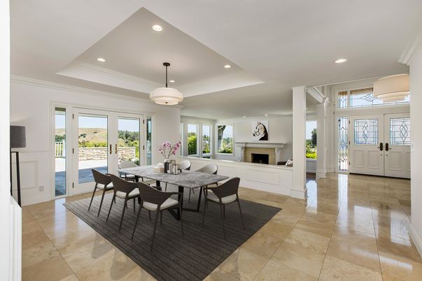 Dining room, Fireplace, Interior, Recessed Lighting