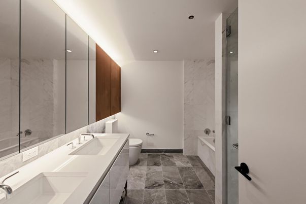 Bathroom, Dual Sink Vanities, Glass Shower, Interior, Marble Walls, Recessed Lighting