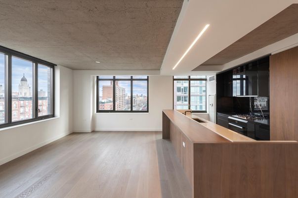 Empty room, Interior, Kitchen, Recessed Lighting, Wood Texture Flooring