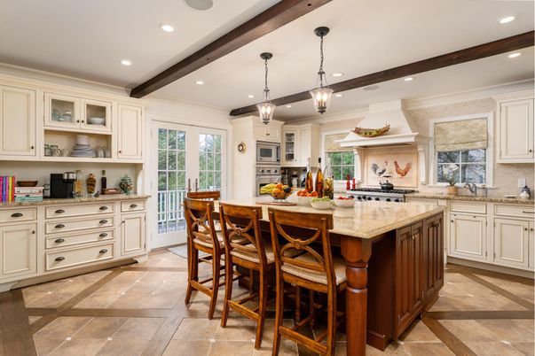 Interior, Kitchen, Pendant Lights, Recessed Lighting, Stainless Steel Appliances, Wooden Beams
