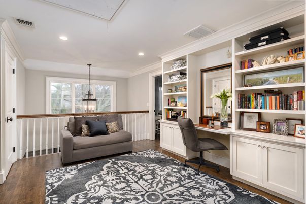 Home Office, Interior, Pendant Lights, Recessed Lighting, Wood Texture Flooring
