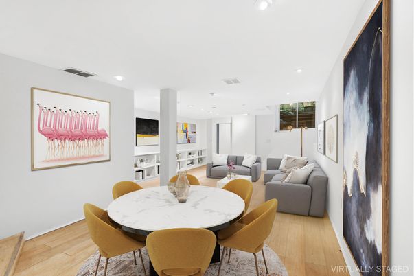 Dining room, Interior, Living room, Recessed Lighting, Wood Texture Flooring