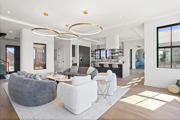 Interior, Kitchen, Living room, Pendant Lights, Recessed Lighting, Wood Texture Flooring