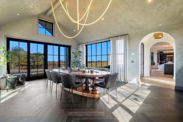 Dining room, Interior, Pendant Lights, Recessed Lighting, Wood Texture Flooring