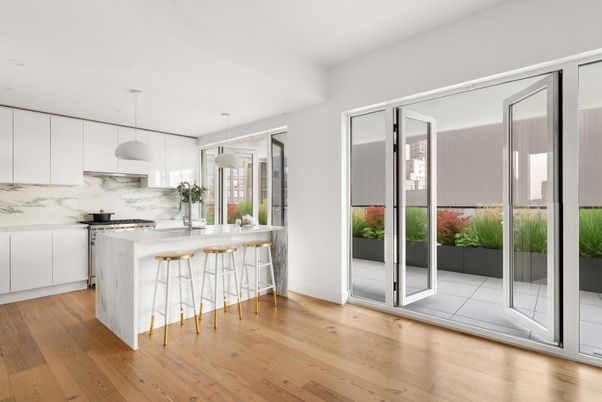 Interior, Kitchen, Marble Walls, Pendant Lights, Wood Texture Flooring