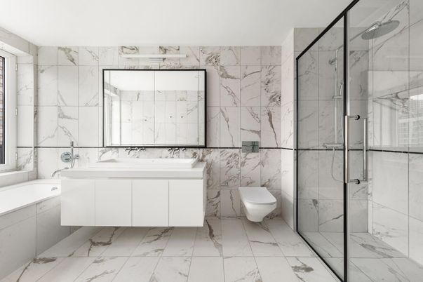 Bathroom, Glass Shower, Interior, Marble, Marble Walls