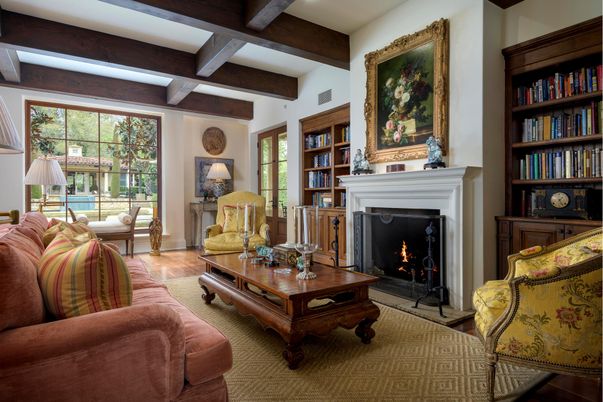 Fireplace, Interior, Living room, Recessed Lighting, Wooden Beams, Wood Texture Flooring