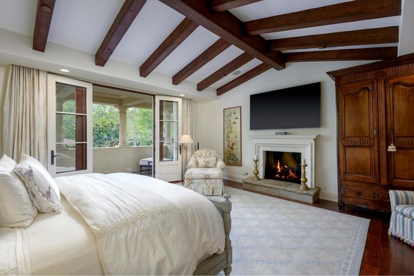Bedroom, Fireplace, Interior, Recessed Lighting, Wooden Beams, Wood Texture Flooring