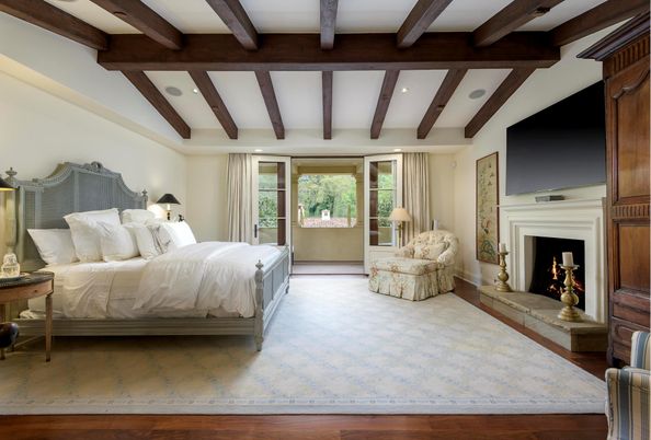 Bedroom, Fireplace, Interior, Recessed Lighting, Wooden Beams, Wood Texture Flooring