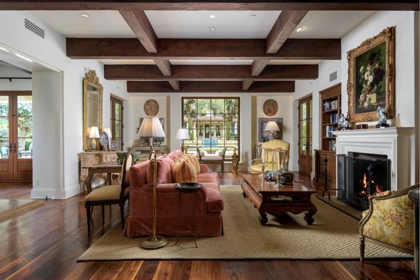 Fireplace, Interior, Living room, Recessed Lighting, Wooden Beams, Wood Texture Flooring