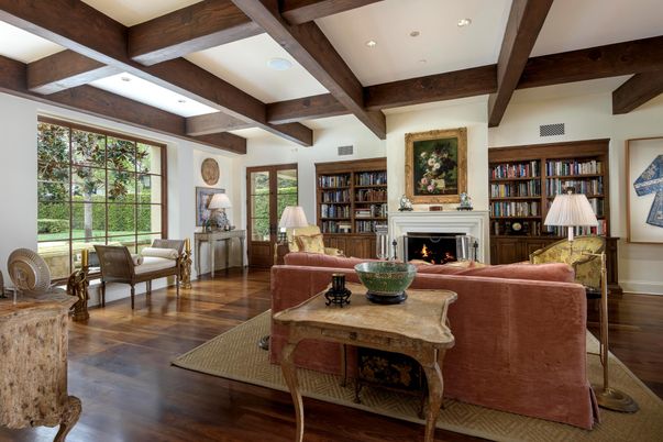 Fireplace, Interior, Living room, Recessed Lighting, Wooden Beams, Wood Texture Flooring