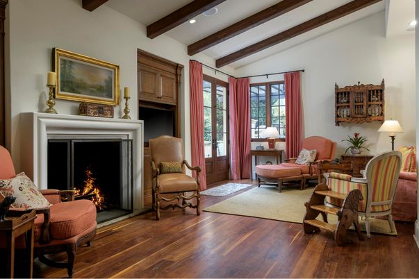 Fireplace, Interior, Living room, Recessed Lighting, Wooden Beams, Wood Texture Flooring