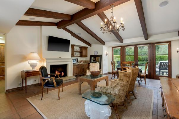 Chandelier, Dining room, Fireplace, Interior, Living room, Wooden Beams