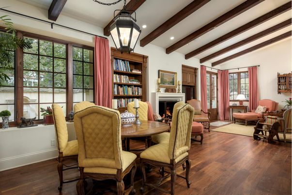 Dining room, Fireplace, Interior, Living room, Recessed Lighting, Wooden Beams, Wood Texture Flooring