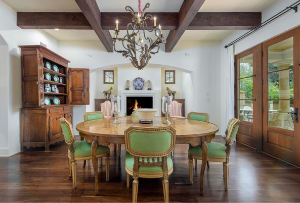Chandelier, Dining room, Fireplace, Interior, Recessed Lighting, Wooden Beams, Wood Texture Flooring