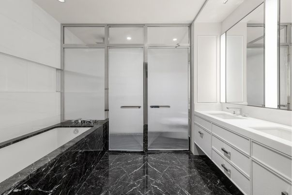 Bathroom, Dual Sink Vanities, Glass Shower, Interior, Marble, Recessed Lighting