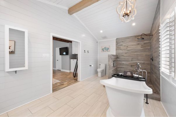 Bathroom, Free Standing Baths, Interior, Recessed Lighting, Wooden Beams, Wood Texture Flooring, Wooden Walls