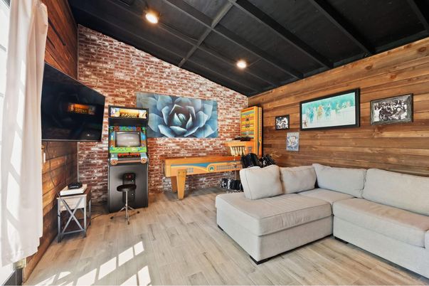 Interior, Living room, Recessed Lighting, Stone Walls, Wood Texture Flooring, Wooden Walls