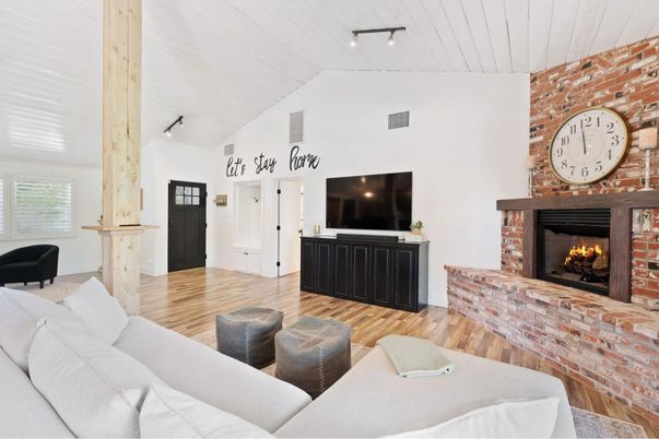 Fireplace, Interior, Living room, Stone Walls, Wood Texture Flooring
