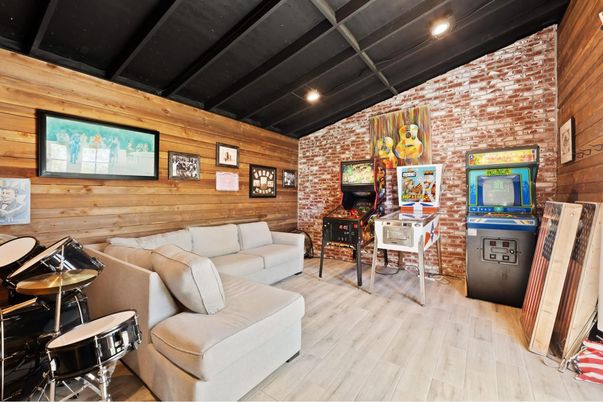 Interior, Living room, Recessed Lighting, Stone Walls, Wood Texture Flooring, Wooden Walls
