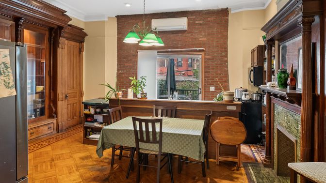 Dining room, Interior, Pendant Lights, Recessed Lighting, Stone Walls, Wood Texture Flooring