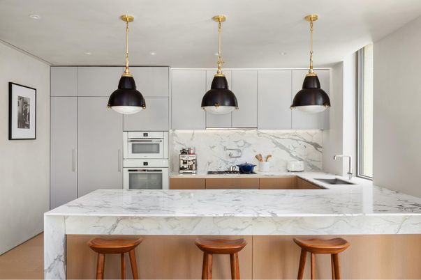 Interior, Kitchen, Marble Walls, Pendant Lights, Recessed Lighting, Stainless Steel Appliances, Wood Texture Flooring