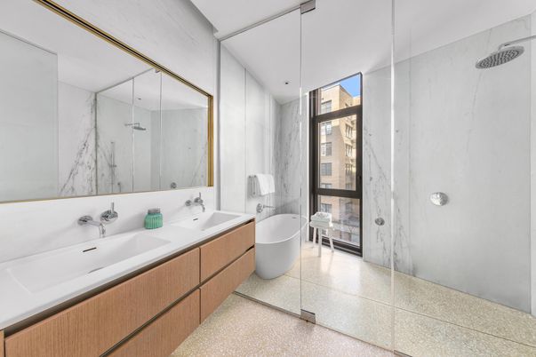 Bathroom, Dual Sink Vanities, Free Standing Baths, Glass Shower, Interior, Marble Walls