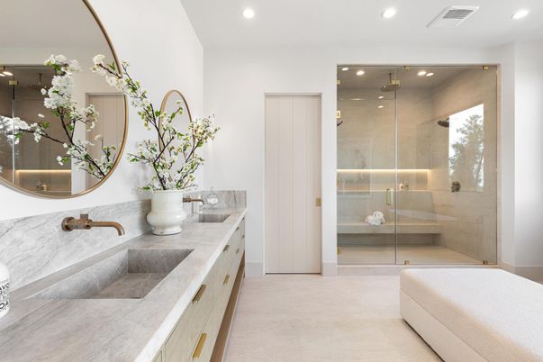 Bathroom, Dual Sink Vanities, Glass Shower, Interior, Recessed Lighting