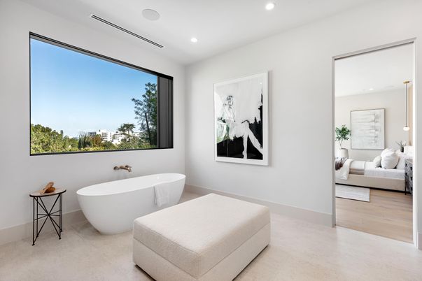 Bathroom, Bedroom, Free Standing Baths, Interior, Recessed Lighting, Wood Texture Flooring