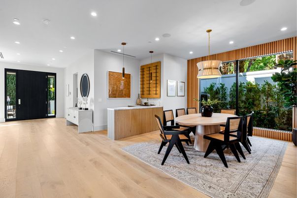 Dining room, Interior, Pendant Lights, Recessed Lighting, Wood Texture Flooring