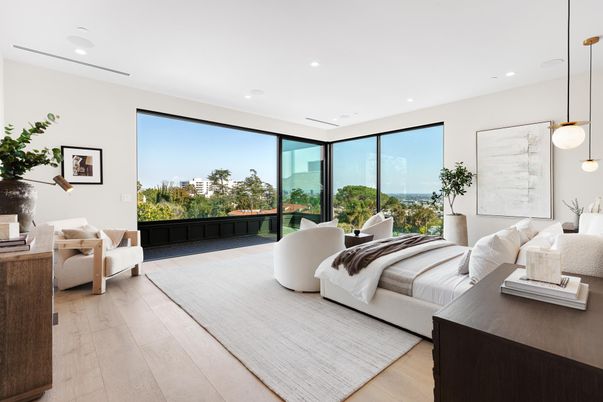 Bedroom, Interior, Pendant Lights, Recessed Lighting, Wood Texture Flooring