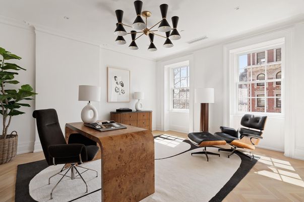 Home Office, Interior, Pendant Lights, Wood Texture Flooring