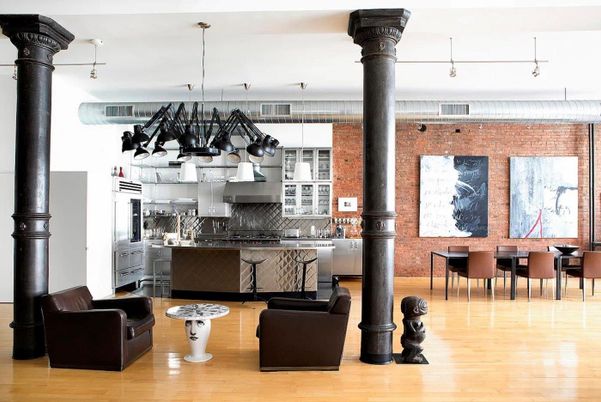 Dining room, Interior, Kitchen, Pendant Lights, Stainless Steel Appliances, Stone Walls, Wood Texture Flooring