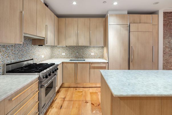 Interior, Kitchen, Recessed Lighting, Stainless Steel Appliances, Wood Texture Flooring