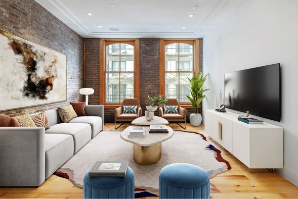 Interior, Living room, Recessed Lighting, Stone Walls, Wood Texture Flooring